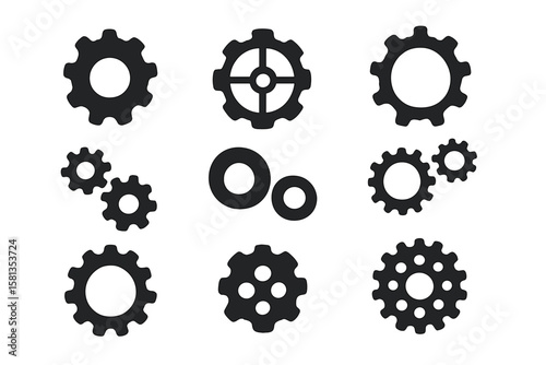 Gear Wheels Icon Set. Industrial Cogwheel Collection. Mechanical Engineering Gears. Machine Parts. Black Silhouette Gear Vector. Technology Symbol. Isolated Gear Icons. Transparent Background.