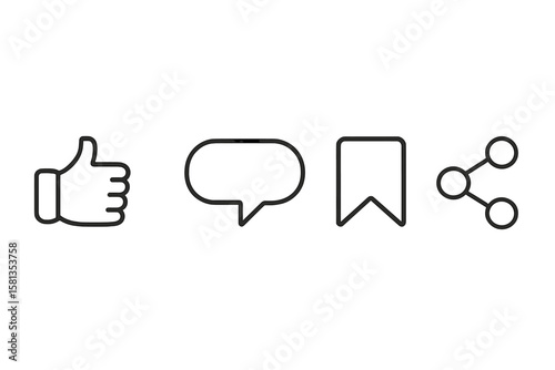 Social Media Feedback Line Icon Set. Like, Dislike, Comment, Save, Share Symbols. Minimalist UI Elements. Vector and Transparent PNG. Communication, Interaction, Social Network, Web, App