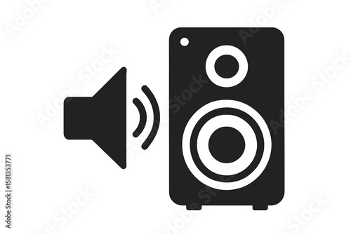 Audio Speaker Icon with Sound Waves, Woofer Box, Loudspeaker Symbol, Black and White Vector Illustration, Isolated Transparent Background, Music Volume Concept, Modern Flat Design