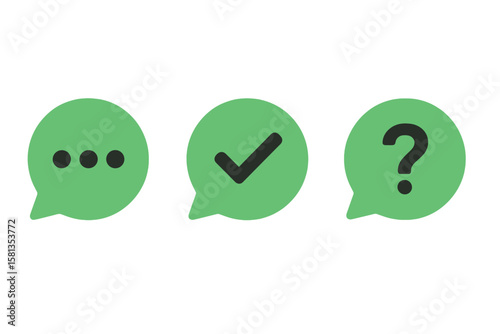 Chat bubble icon set for web and app UI design. Message symbols with typing dots, check mark for confirmation, and question mark for support or FAQ vector illustration.