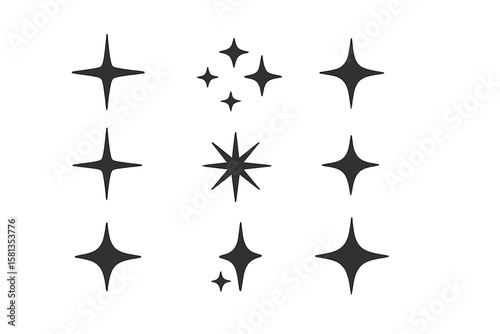 Vector sparkle icon set. Black stars collection. Simple shine, twinkle, and glitter burst effect. Minimalist symbols for magic and clean design. Abstract graphic elements.