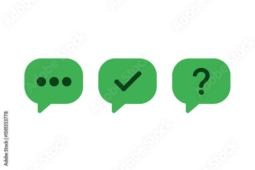 Speech bubble icon set for chat message status. Communication symbol for app, website, UI element. Typing dots, confirmed tick, question mark vector. Support, FAQ signs.