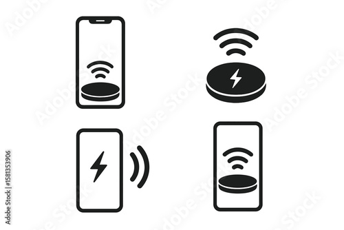 Wireless charging icons set, smartphone charger vector symbols, wireless power transfer, charging pad and phone, transparent background, PNG and vector illustration
