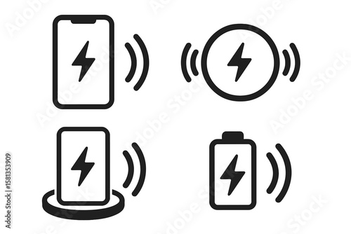 Wireless charging icon set. Smartphone charger vector symbols. Mobile phone battery power indicator. Induction technology energy transfer sign on transparent background.
