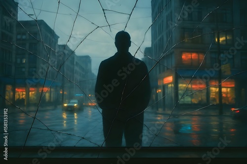 A Silhouette Standing Behind a Broken Storefront Glass with Layered Upside-Down City Reflections