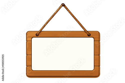 Wooden sign board hanging on rope, rustic wooden notice board template with empty white space, transparent background, vector illustration for design and decoration