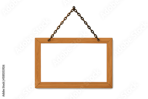 Wooden sign board hanging on chain, rustic wooden notice board template with empty white space, transparent PNG and vector illustration, vintage style, blank sign for text