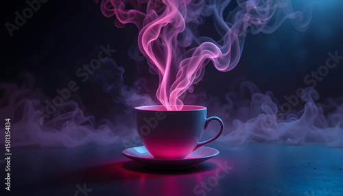 Enchanted Cup of Coffee with Mystical Vapor.A captivating image of a white teacup filled with a steaming hot beverage, emitting swirling, vibrant pink and purple vapor against a dark, moody background