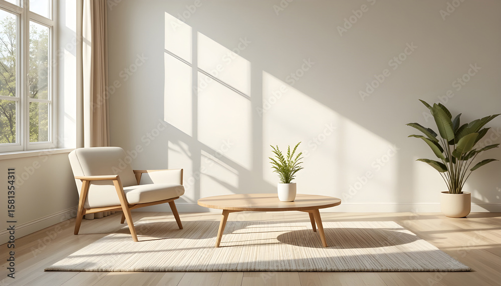 Naklejka premium Modern, Minimalist Living Room with Natural Light.A serene and stylish living room featuring natural light streaming in, highlighting a neutral color palette.