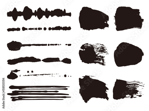 墨で描いた掠れや滲みのある線やシルエットの素材セット