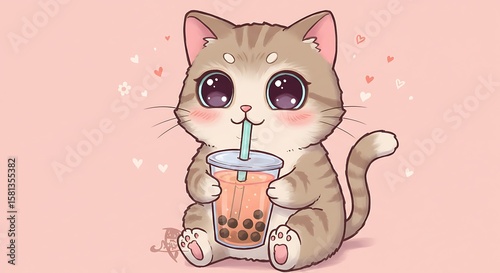 Adorable Cat Drinking Bubble Tea A Whimsical Illustration for Beverage and Animal Lovers with Cute Cartoon Charm