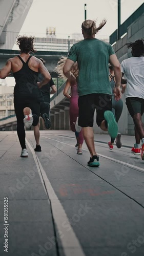 Rear view athletes runners train in the stadium. Young team of man and woman in sportswear and shoes. Like-minded club