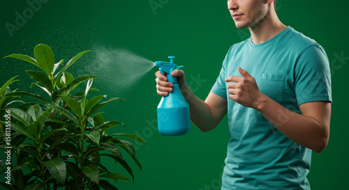 A young man in a blue shirt sprays water on a green leafy plant with a blue spray bottle against a green background.