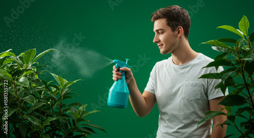 Young man in a white t-shirt sprays water on green leafy plants with a blue spray bottle against a green background.