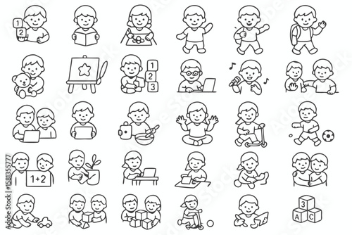 Child Activities & Learning Icon Set  Line Style Vectors for Education, Play & Development