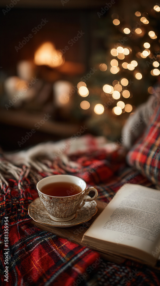 A cozy scene with a cup of tea on a patterned blanket, an open book nearby, and a softly lit Christmas tree in the background. A cozy scene with a cup of tea on a patterned blanket, an open book nearby, and a softly lit Christmas tree in the background.