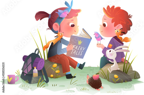 Kids and animals reading a book together in the forest. Boy, girl, bunny, squirrel, and birds enjoy a fairytale picnic in wilderness. A baby cartoon vector illustration of children story adventure