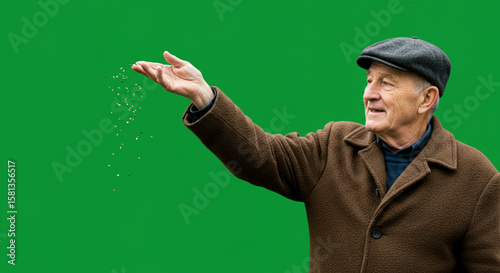 Elderly man in a cap and coat, scattering seeds against a green background.