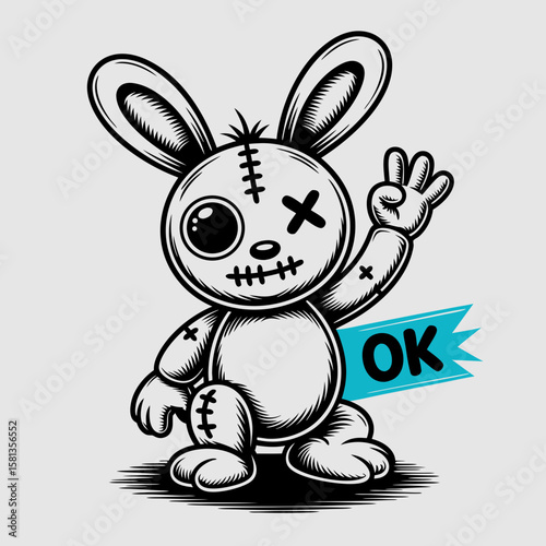 Voodoo doll vector with stitched up ragdoll bunny, whimsical and spooky charm. Suitable for Halloween designs, magic themed illustrations, and alternative lifestyle concepts.