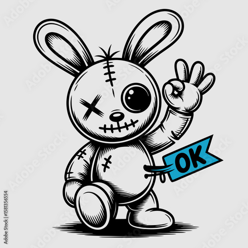 Voodoo doll vector with stitched up ragdoll bunny, whimsical and spooky charm. Suitable for Halloween designs, magic themed illustrations, and alternative lifestyle concepts.