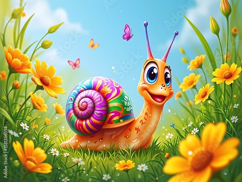 Cartoon Snail in a Blooming Meadow A Whimsical Adventure