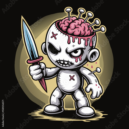 Voodoo doll vector with dagger and brain exposed. Menacing design for Halloween, horror, tattoo, or dark themed projects. Ideal for print or digital media.