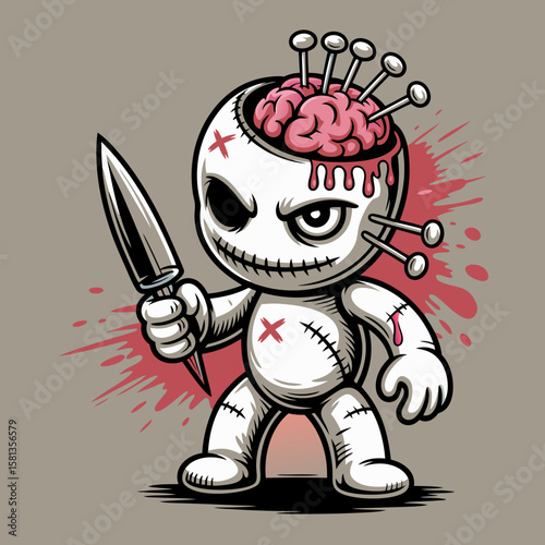 Voodoo doll vector with dagger and brain exposed. Menacing design for Halloween, horror, tattoo, or dark themed projects. Ideal for print or digital media.