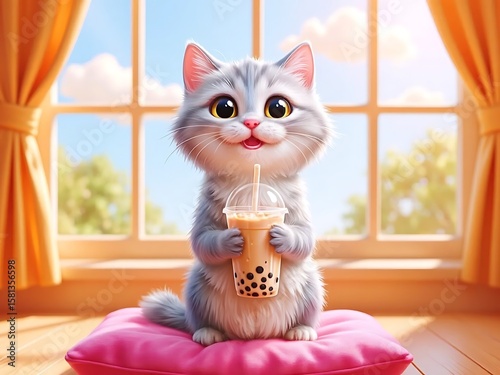 Adorable Kitten Enjoying a Refreshing Bubble Tea on a Cozy Cushion by the Window. Charming Feline Portrait.