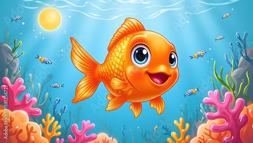 Cheerful Goldfish in a Colorful Underwater World A Whimsical Marine Illustration