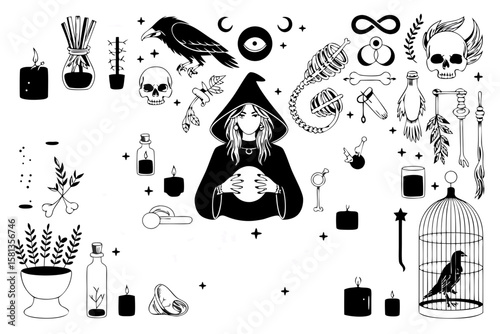 Voodoo doll vector with a witch, occult symbols. Suitable for Halloween designs, witchcraft illustrations, and spooky themed projects.