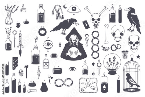 Voodoo doll vector with a witch, occult symbols. Suitable for Halloween designs, witchcraft illustrations, and spooky themed projects.