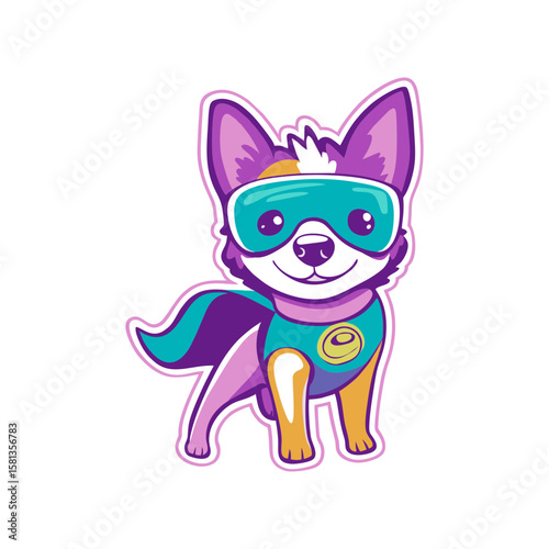 Superhero cartoon dog in cape and goggles with purple and teal costume for children's comics, sticker design, or birthday party printables on transparent background