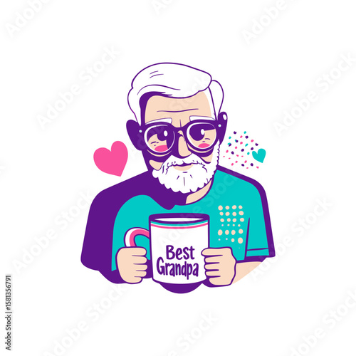 Smiling grandfather with white hair and glasses holding “Best Grandpa” coffee mug in cheerful flat vector style with pink and teal tones for family gifts, greeting cards, or Father's Day on transparen