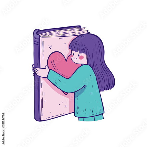 Cute little girl hugging a giant pink book with heart symbol in soft pastel colors for children's reading, love for literature, or educational storytelling design on transparent background