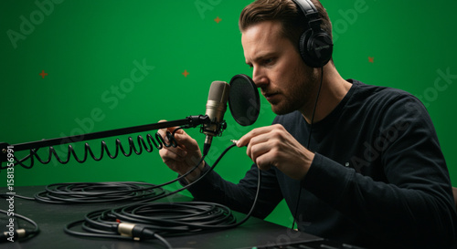 Focused male sound engineer setting up audio equipment with a professional microphone and cables in a studio with a green screen.