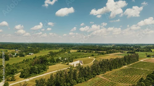 Aerial Drone: Ontario Greenbelt Farming Fields, Lush Rural Landscape