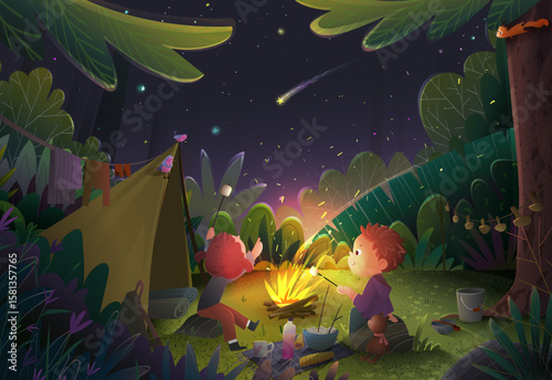 Kids camping in forest at night with fire and tent. Shooting star in dark sky and stars above, magical wilderness adventures. Fairytale cartoon vector illustration for children story and imagination
