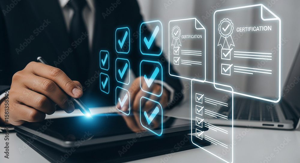 Fototapeta premium Businessman reviewing certification documents and checklist on a tablet with glowing icons
