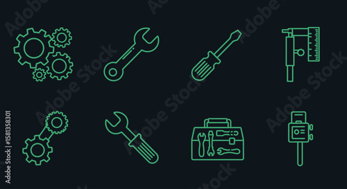 Outline icons of various tools and gears, representing mechanical and construction concepts.