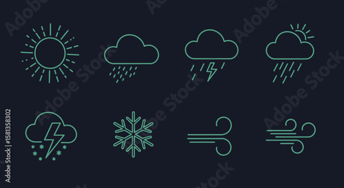 Weather Icons Sunny, Cloudy, Rainy, Snowy, Stormy, and Windy Weather Minimalist Line Art