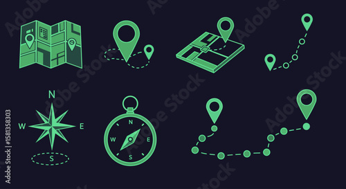 Collection of glowing green navigation icons, including maps, location markers, compasses, and routes, displayed on a dark background.