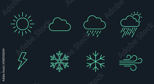 Weather Forecast Minimalist Icons Representing Sunny, Cloudy, Rainy, Stormy, and Windy Conditions.