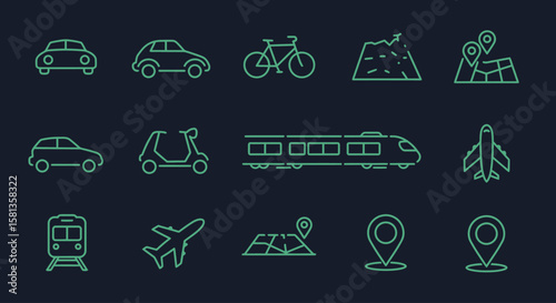 Collection of teal line icons depicting various modes of transportation and location markers.