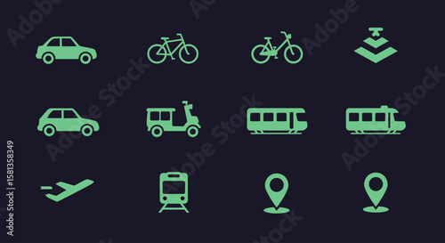 Vector icons of transport vehicles conveying a sense of urban mobility and travel options with a dark background