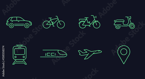 Set of outlined icons representing various modes of transportation.
