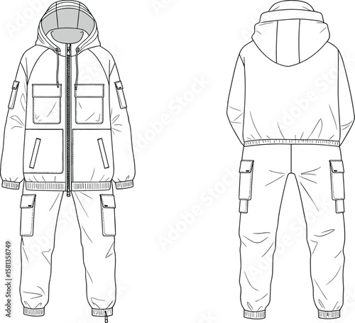 "Fashion illustration, hooded jacket and cargo pants template, technical flat sketch, garment design, apparel mockup, front and back view, vector drawing, clothing blueprint"