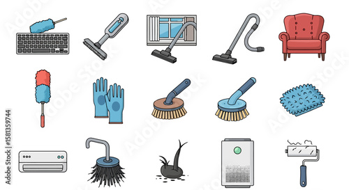 Cleaning Tools Icons: Household Chores and Hygiene Vector Set