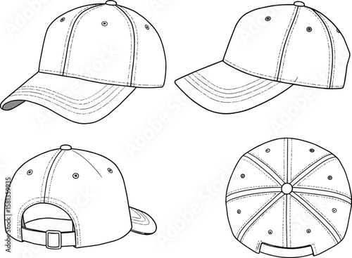 Vector sketch of baseball cap from multiple angles—front, side, back, and top—with curved brim, strap, panel stitching, design mockup for fashion branding