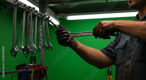 A male mechanic with greasy hands selects a large wrench from a tool rack in a workshop with a green screen.