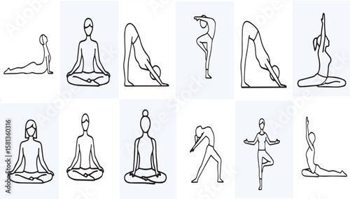 Collection of Line Art Illustrations Depicting Various Yoga Poses and Meditation Postures for Health and Wellness, Promoting Flexibility and Mindful Exercise Routines